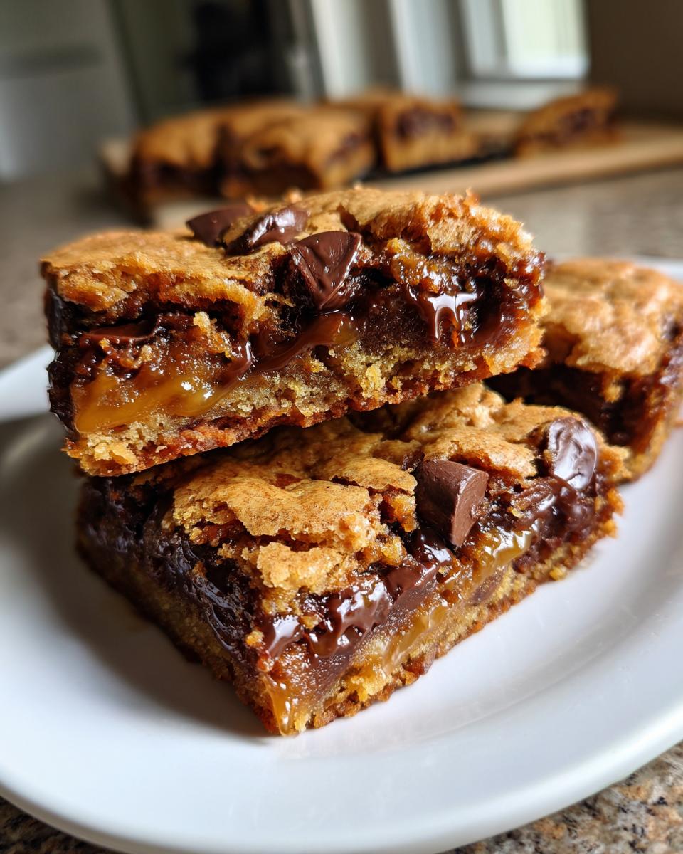 A stack of gooey blondies with layers of caramel and chocolate on a white plate. Delicious homemade dessert.