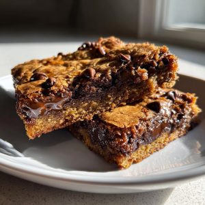 Two stacked gooey blondies on a white plate, featuring a rich chocolate center and chocolate chips on top.