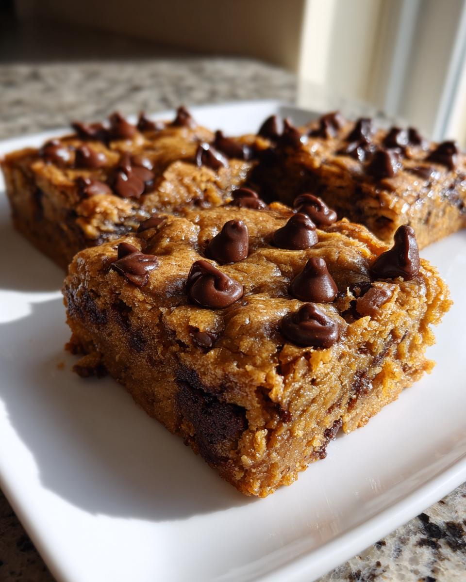 Close-up of gooey blondies topped with chocolate chips on a white plate, showcasing their rich texture.