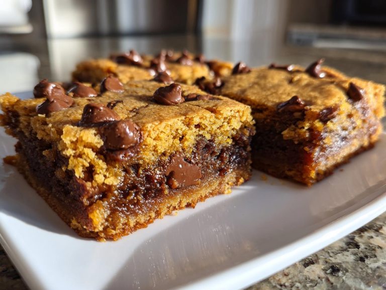 Close-up of gooey blondies topped with chocolate chips on a white plate, showcasing their soft, chewy texture.
