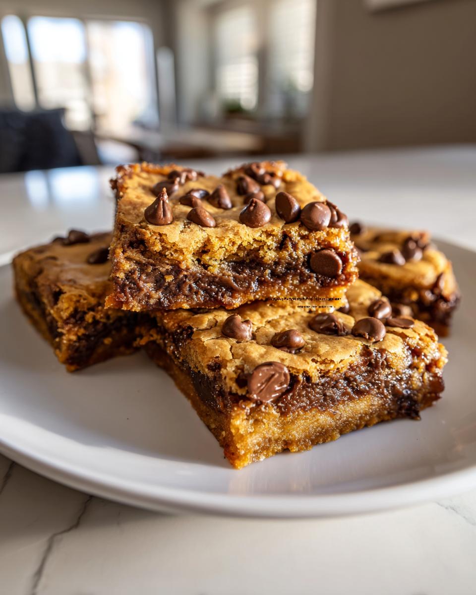 A stack of four gooey blondies topped with chocolate chips, showcasing their rich, chewy texture.