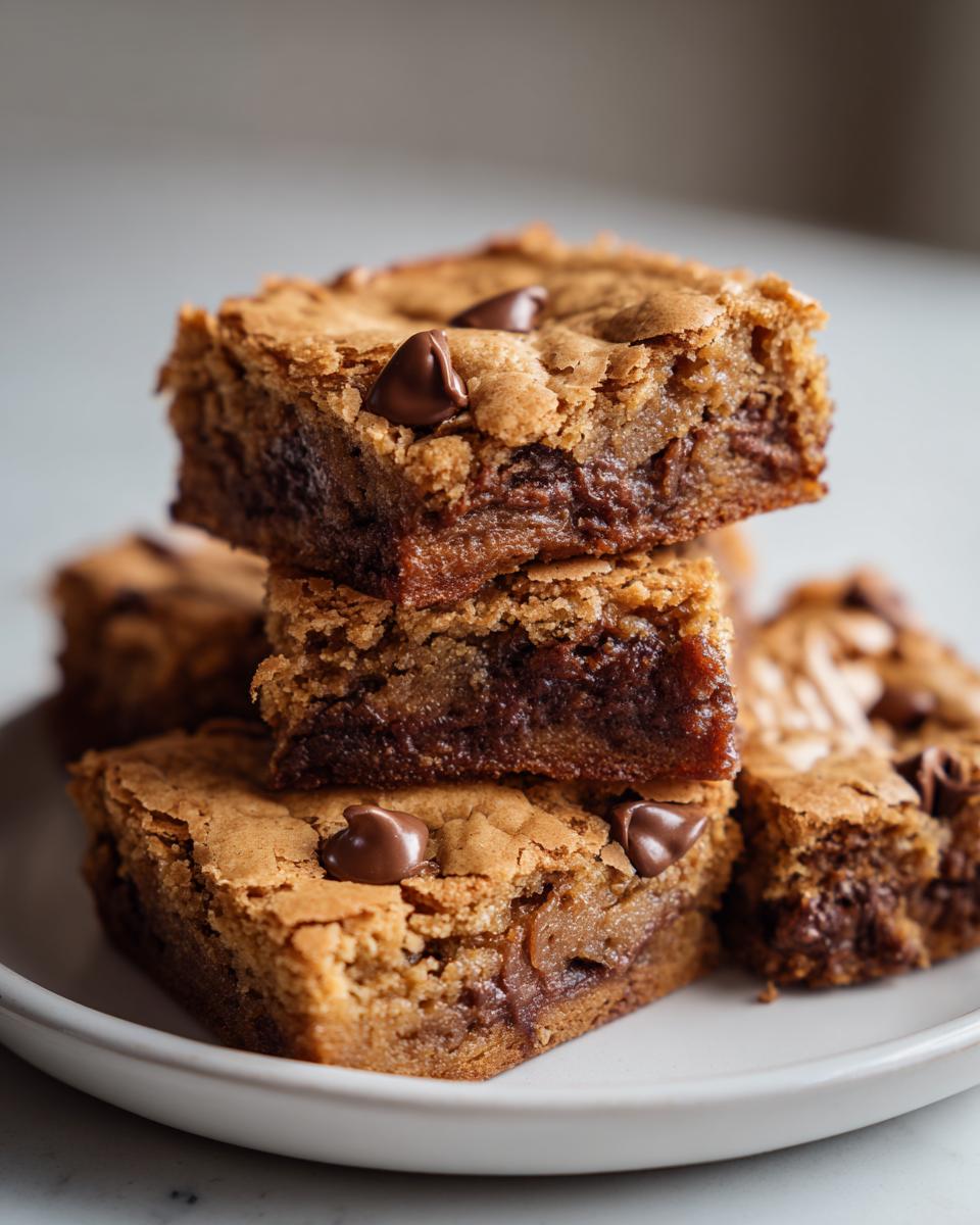 A stack of homemade gooey blondies, topped with chocolate chips, on a white plate.