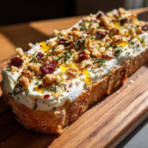 A delicious Butter Board topped with creamy butter, walnuts, dried tomatoes, herbs, and olive oil.