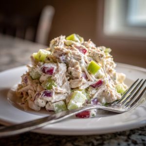 A serving of Greek yogurt chicken salad with apples and celery on a white plate with a fork.