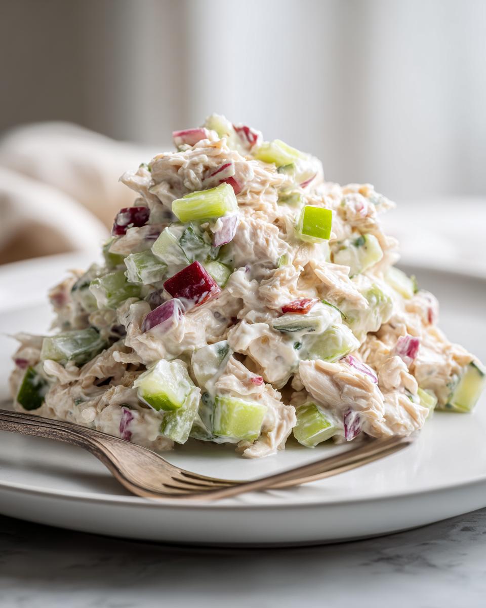 A serving of Greek yogurt chicken salad with cucumber and radish on a white plate with a fork.