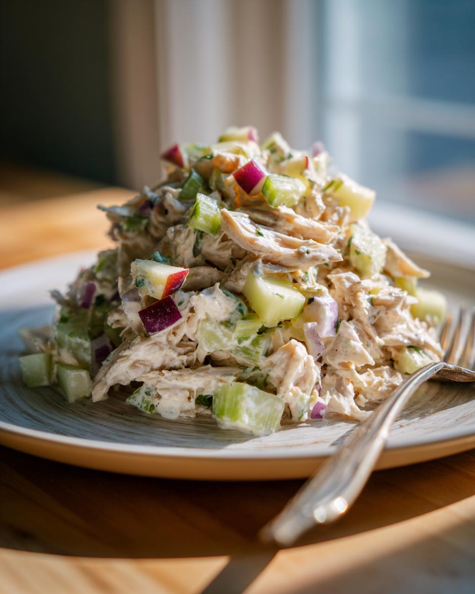 A serving of Greek yogurt chicken salad with cucumber, red onion, and herbs on a plate with a fork.