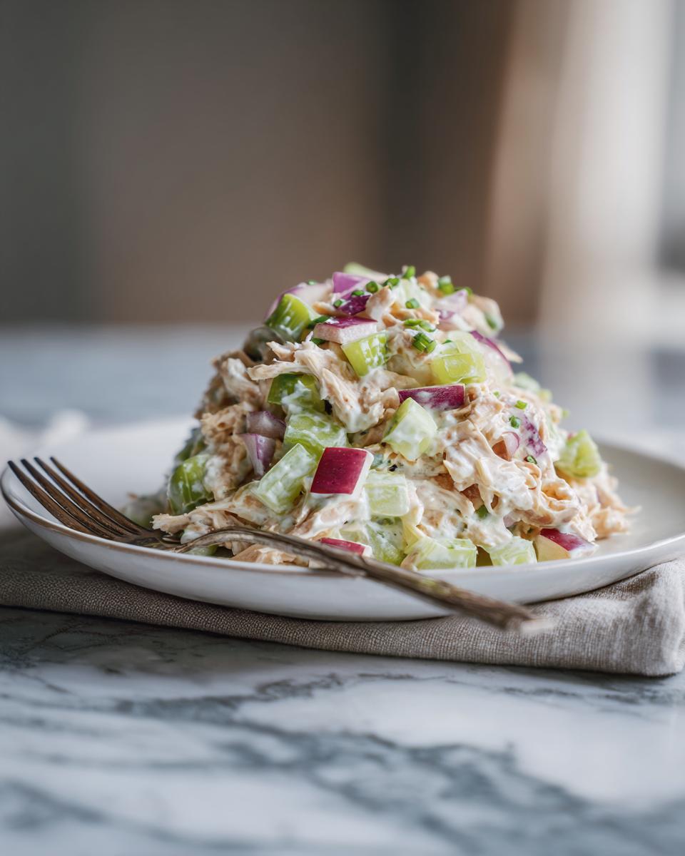 A serving of Greek yogurt chicken salad with celery, red onion, and herbs on a white plate with a fork.