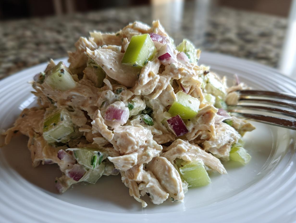 A serving of Greek yogurt chicken salad with chicken, apple, and red onion on a white plate.