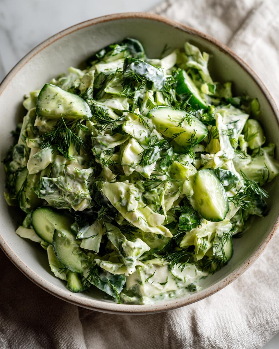 Overhead shot of a creamy Green Goddess salad with cabbage, cucumbers, and dill in a bowl.