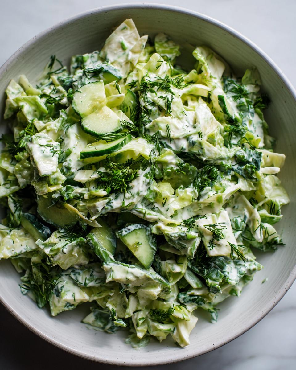 Overhead shot of a Green Goddess salad in a bowl, featuring lettuce, cucumbers, dill, and creamy dressing.