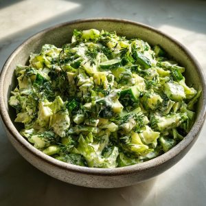 A bowl of fresh Green Goddess salad with lettuce, cucumber, dill, and creamy dressing.