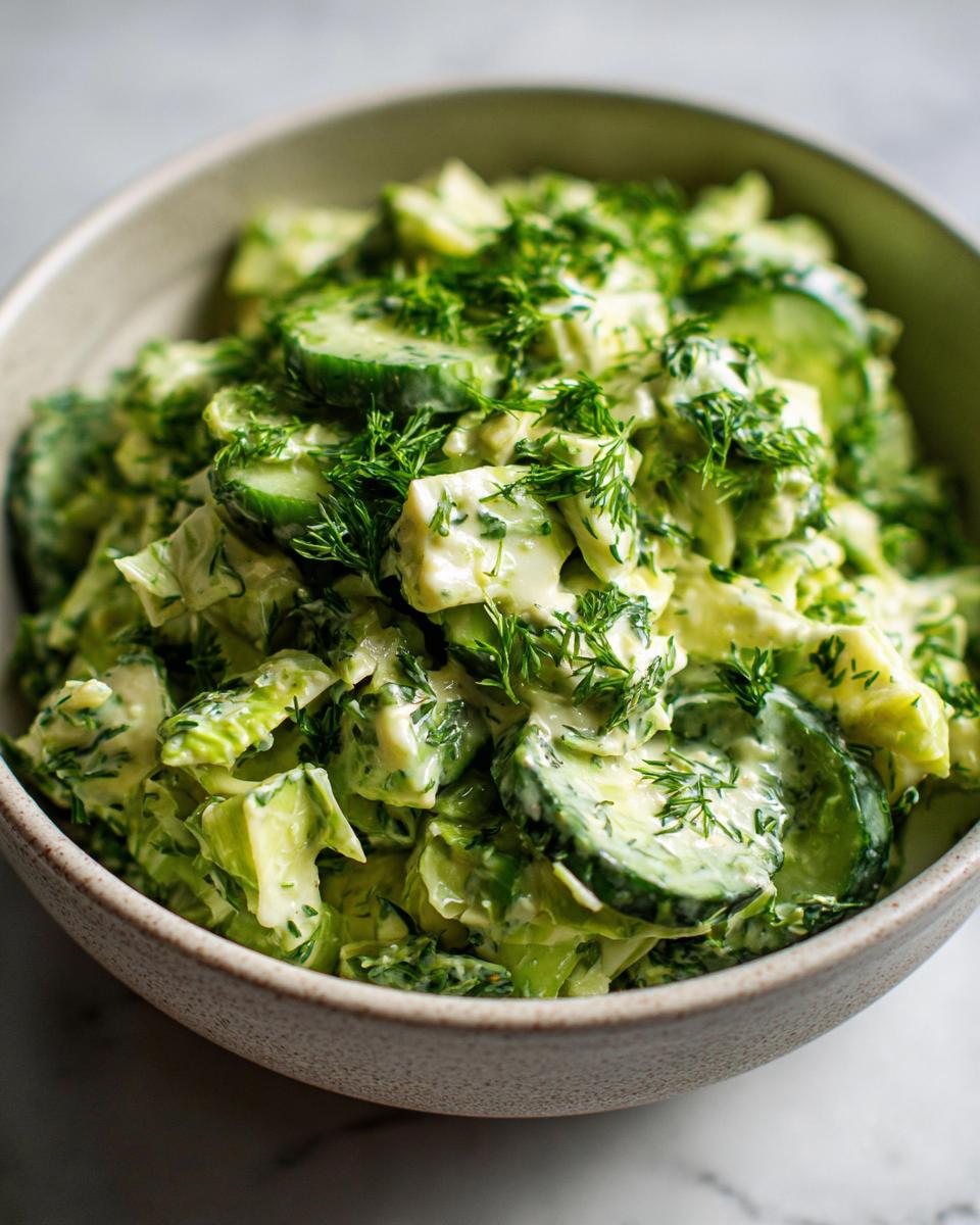 A bowl of vibrant Green Goddess salad with cucumbers, lettuce, and fresh dill.