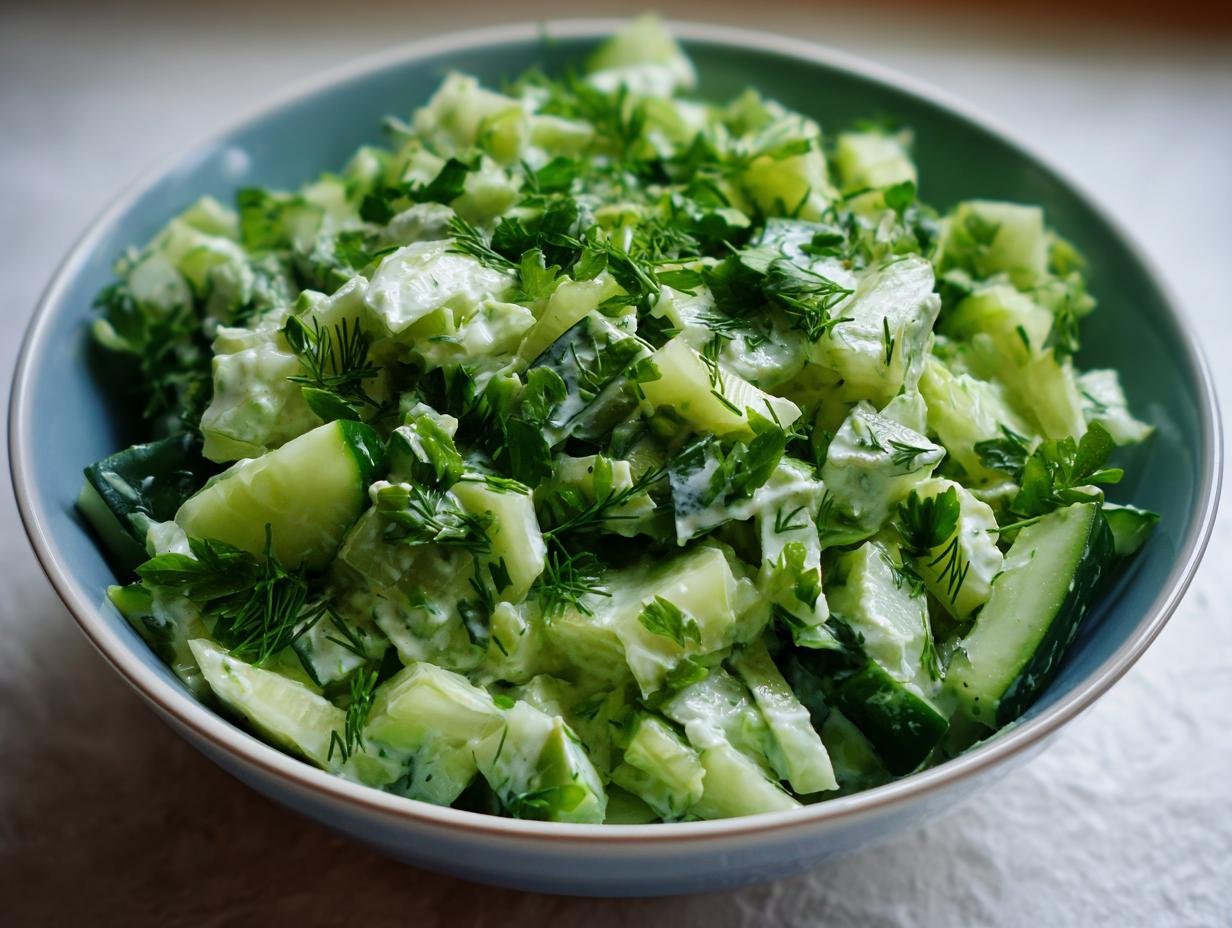 A vibrant bowl of Green Goddess salad with cucumbers, herbs, and creamy dressing. Ready to enjoy!