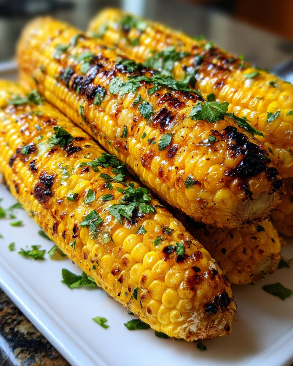 Close-up of grilled corn ribs on a white plate, garnished with fresh herbs.
