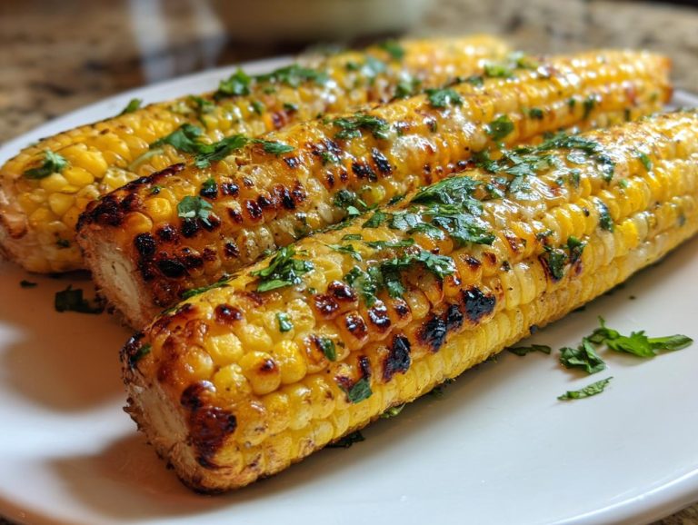 Three ears of grilled corn ribs, charred and seasoned with fresh herbs, on a white plate.
