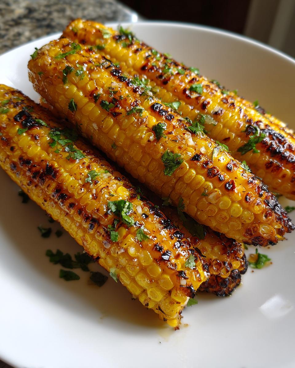Close-up of grilled corn ribs seasoned with herbs, arranged on a white plate.