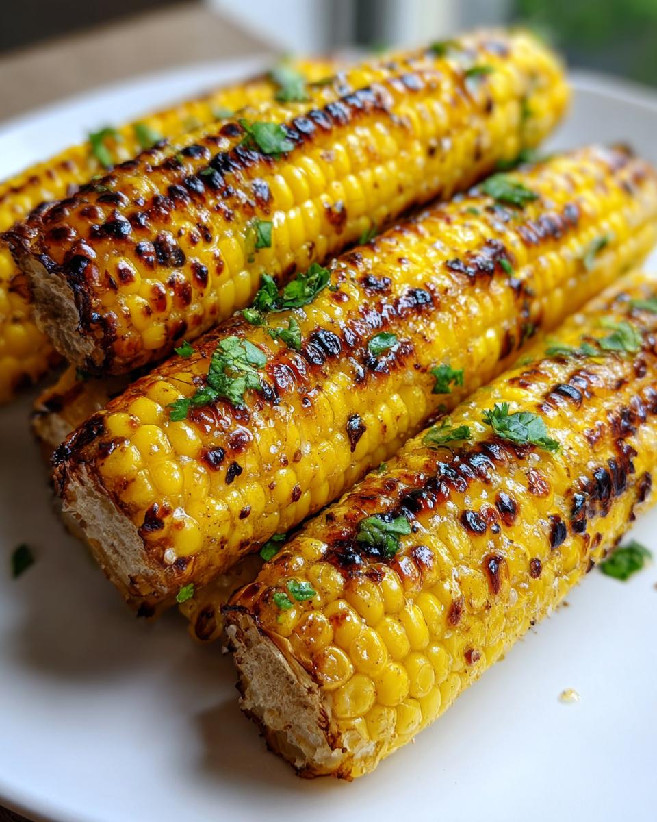 Close-up of grilled corn ribs, charred and seasoned, served on a white plate with fresh herbs.