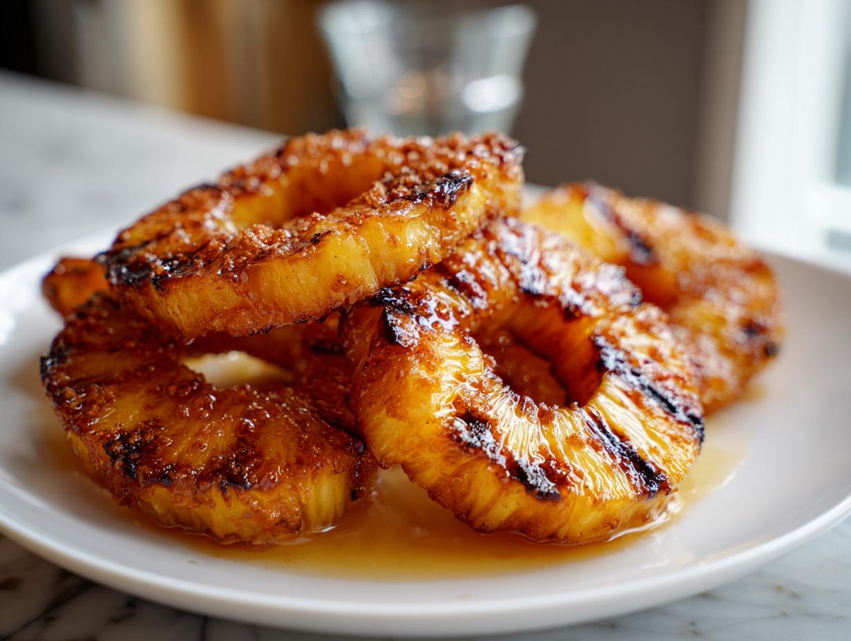 Close-up of grilled pineapple with cinnamon rings stacked on a white plate, glistening with caramelized juices.