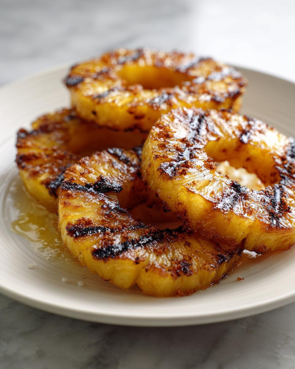 Stack of grilled pineapple with cinnamon rings showing grill marks on a white plate.