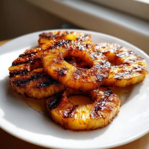A plate of grilled pineapple with cinnamon showing grill marks and a light dusting of cinnamon.