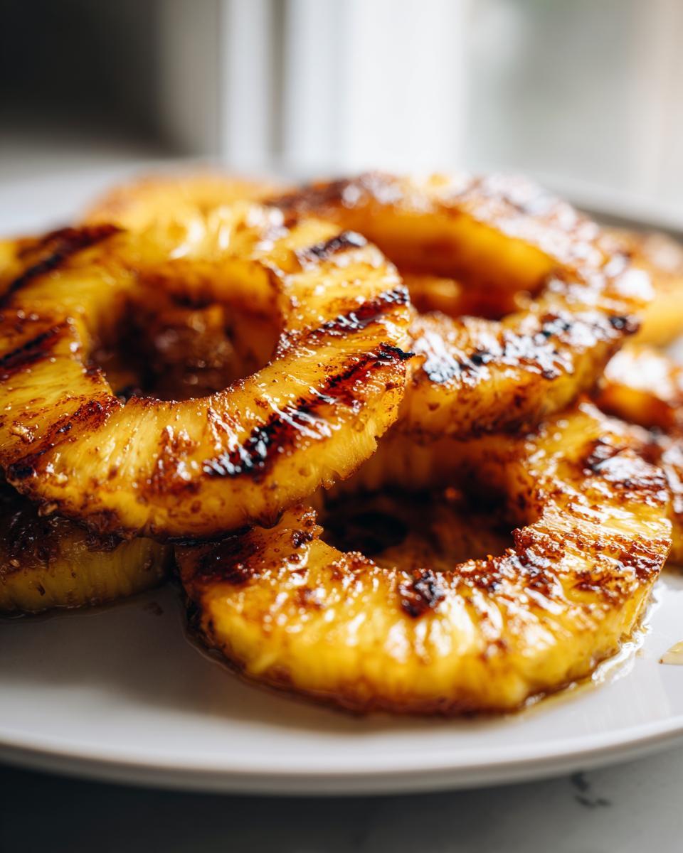 Close-up of grilled pineapple with cinnamon slices on a white plate, showing grill marks.