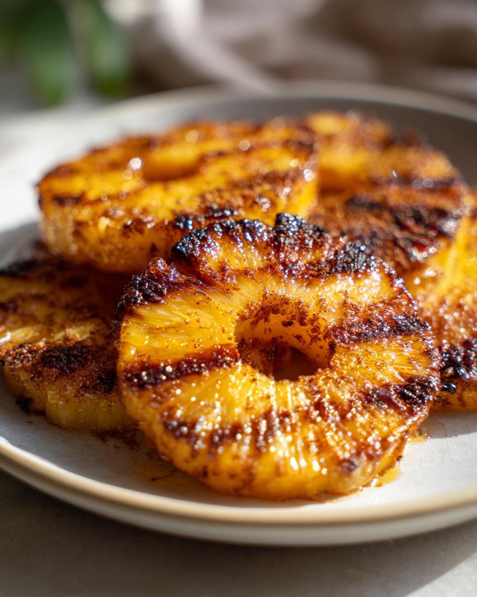 Close-up of grilled pineapple with cinnamon slices on a plate, showing grill marks and cinnamon coating.