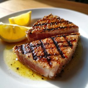 Two grilled Tuna Steaks served with lemon wedges on a white plate, showcasing their juicy texture.