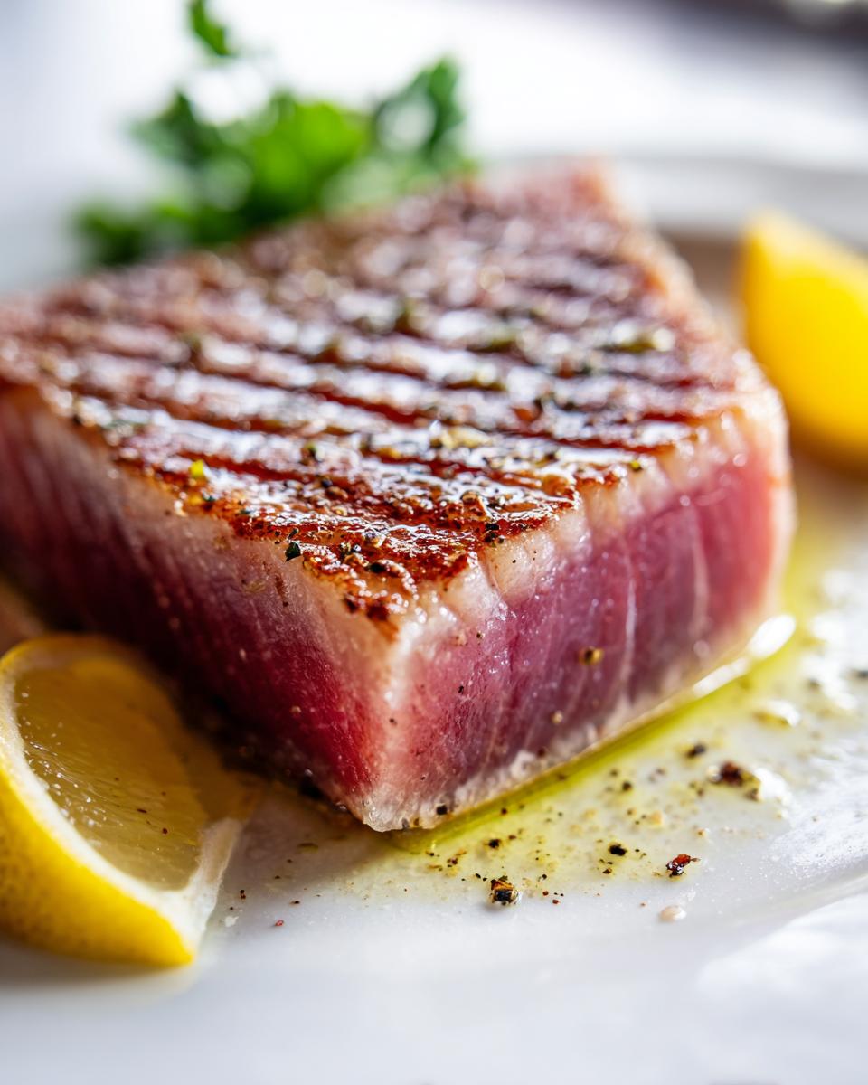 Close-up of perfectly seared Tuna Steaks with grill marks, served with lemon and herbs.