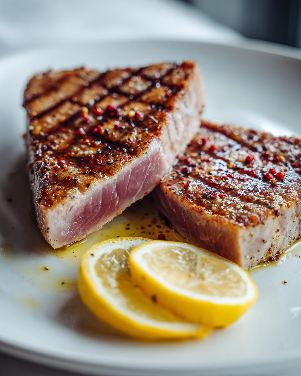 Two grilled Tuna Steaks on a white plate, garnished with lemon slices and spices.