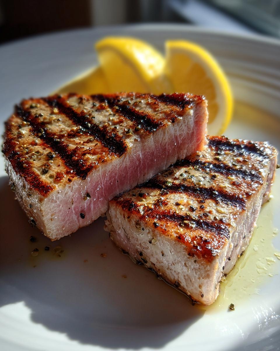 Two grilled Tuna Steaks on a plate, served with lemon wedges. The tuna is seared and seasoned.