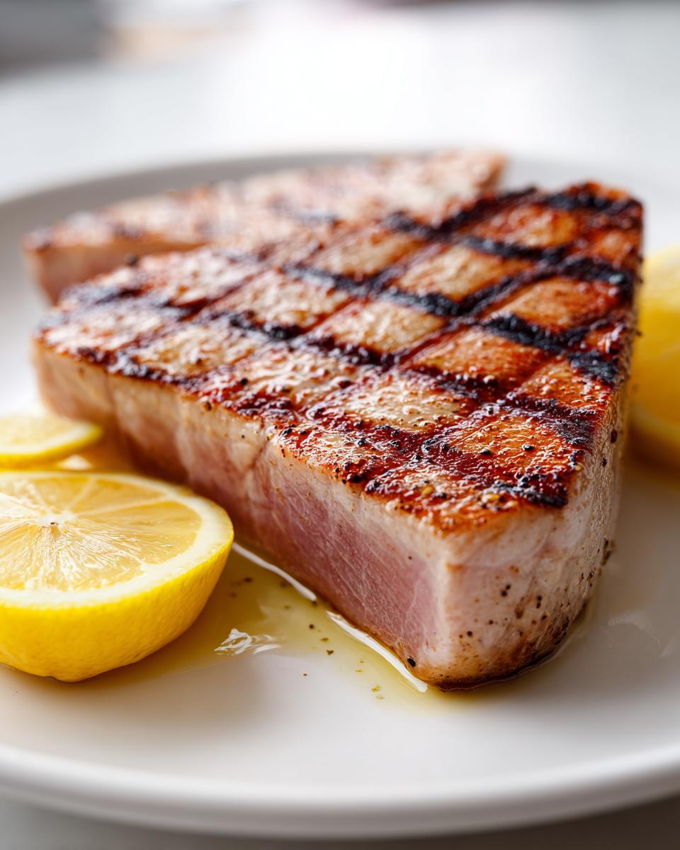 Close-up of grilled Tuna Steaks on a white plate, garnished with lemon wedges and glistening with oil.
