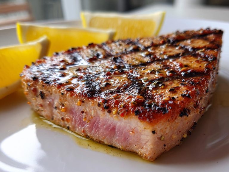 Close-up of perfectly grilled Tuna Steaks served with fresh lemon wedges on a white plate.