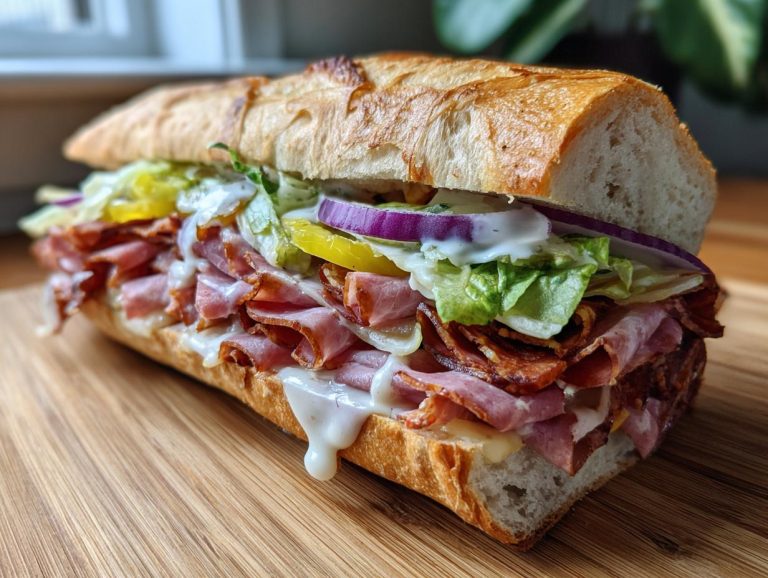 A close-up of a grinder salad sandwich filled with meat, lettuce, onions, and sauce on a baguette.