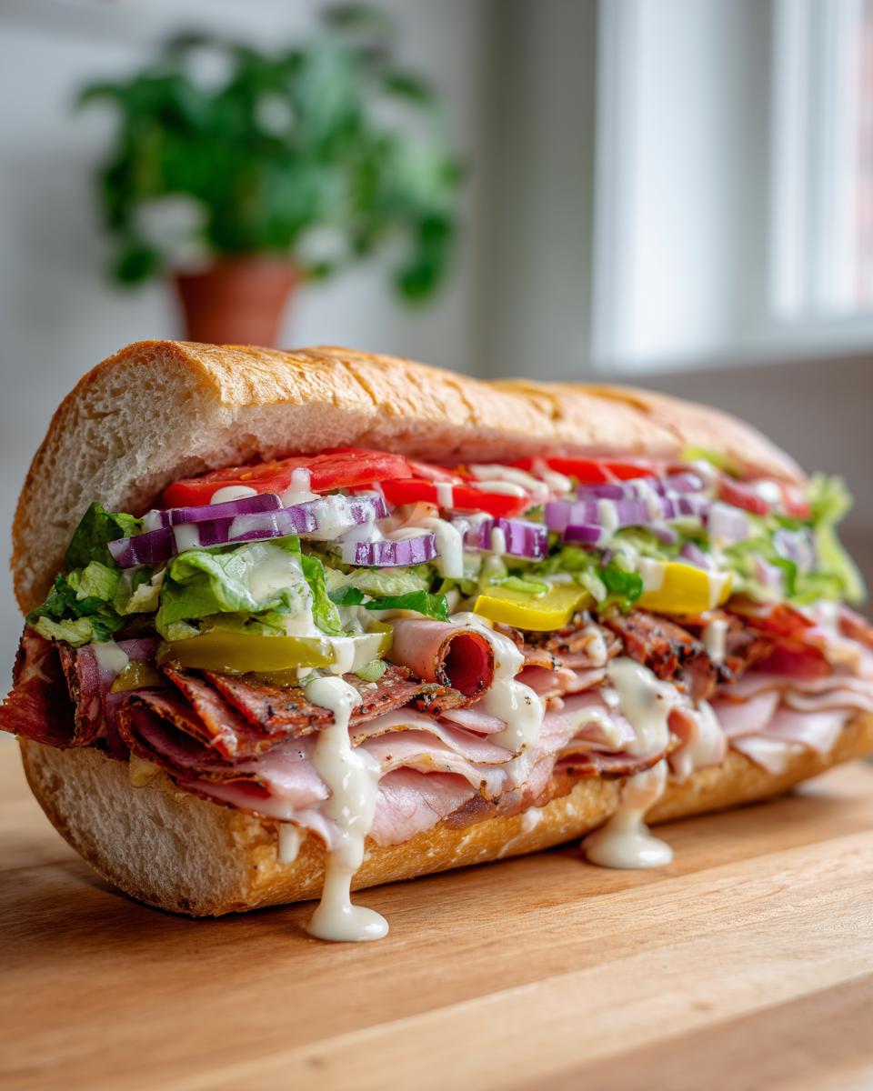 A fully loaded Grinder Salad Sandwich with layers of meat, lettuce, tomatoes, onions, and dressing on a wooden board.
