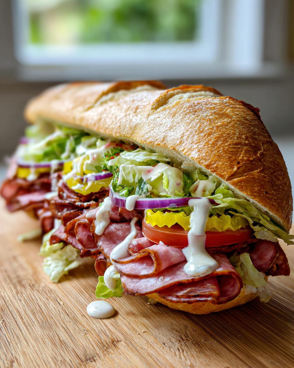 A fully loaded Grinder Salad Sandwich with meat, lettuce, tomato, onion, pickles, and dressing on a wooden board.