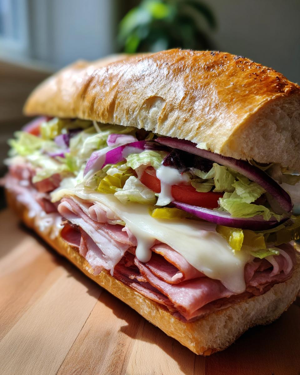 Close-up of a fully loaded Grinder Salad Sandwich with meats, cheese, lettuce, tomato, and dressing on a wooden board.