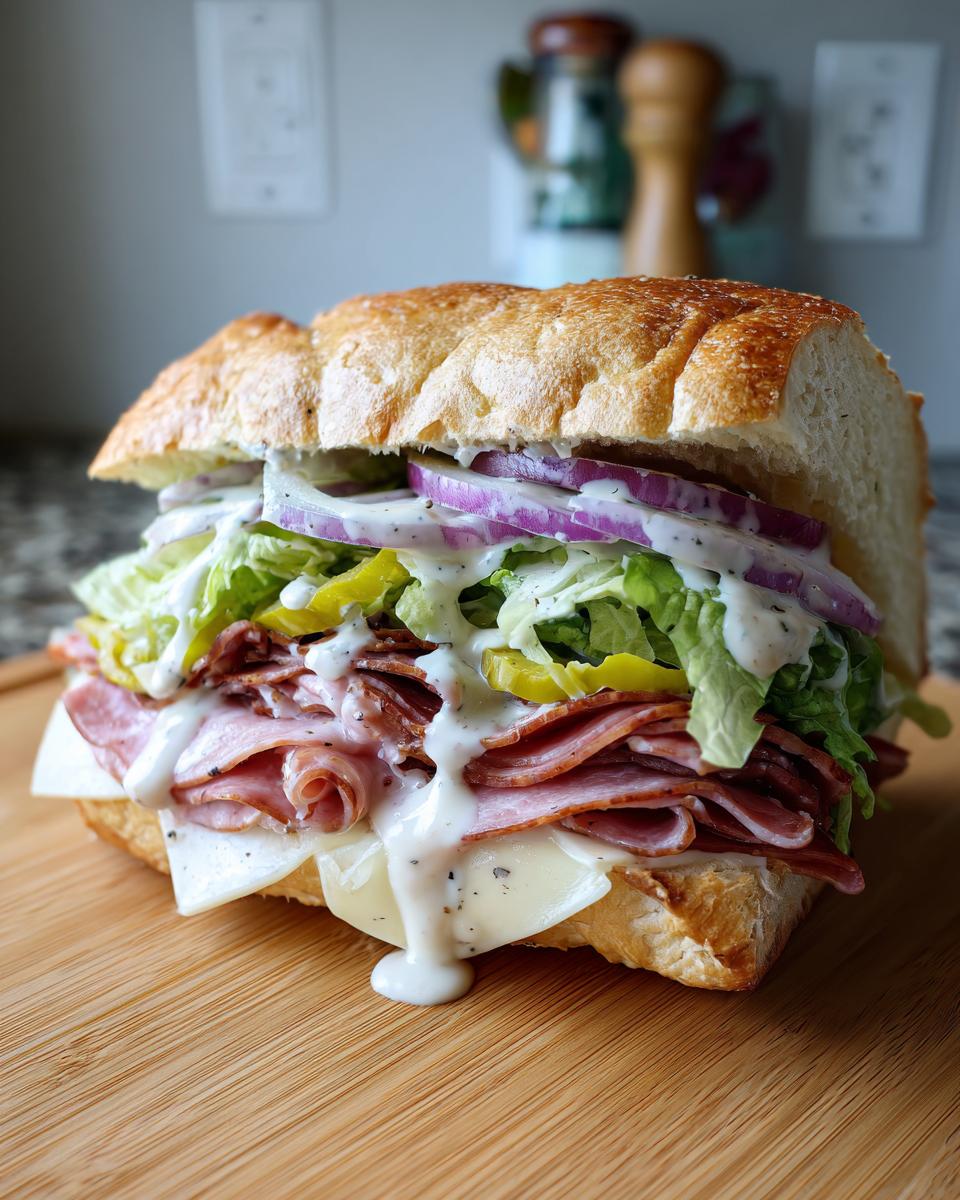 A fully loaded Grinder Salad Sandwich with meat, cheese, lettuce, onions, peppers, and creamy dressing on a wooden board.