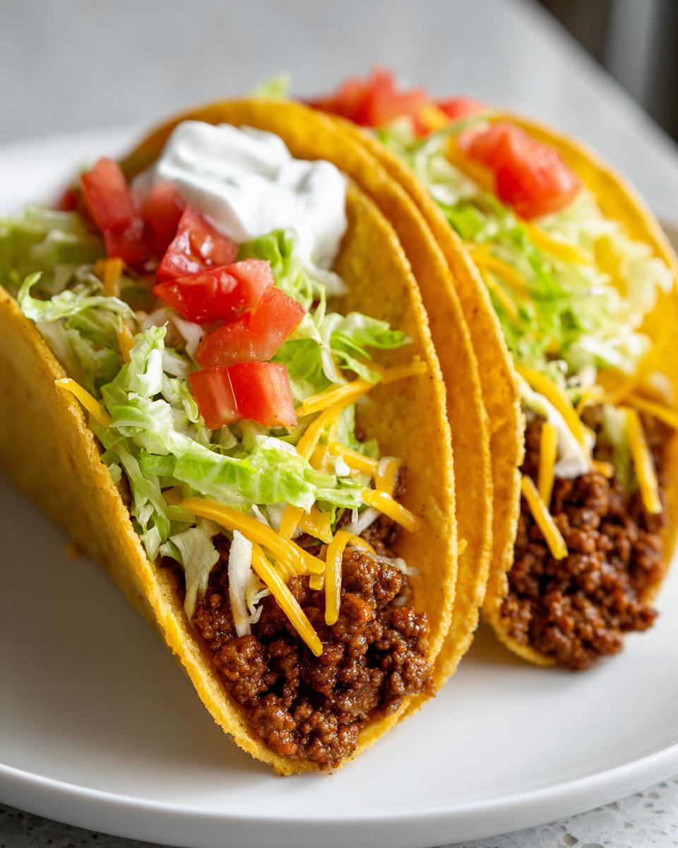 Two ground beef tacos in crispy shells, topped with lettuce, cheese, tomatoes, and sour cream.