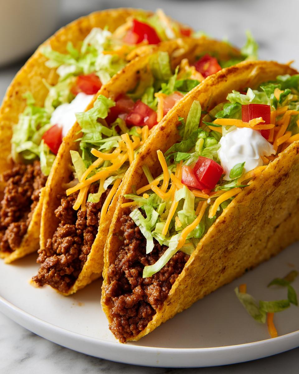 Three ground beef tacos in crispy shells, topped with lettuce, cheese, tomatoes, and sour cream.