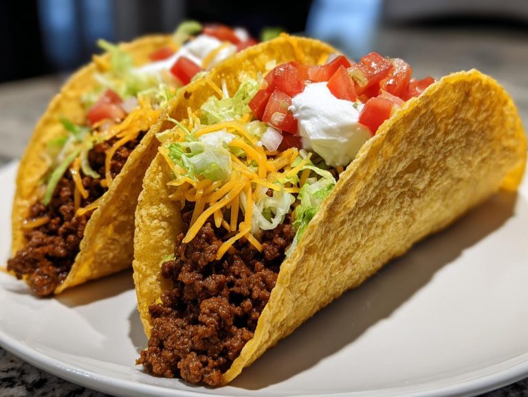 Three ground beef tacos in crispy shells, topped with lettuce, cheese, tomatoes, and sour cream.