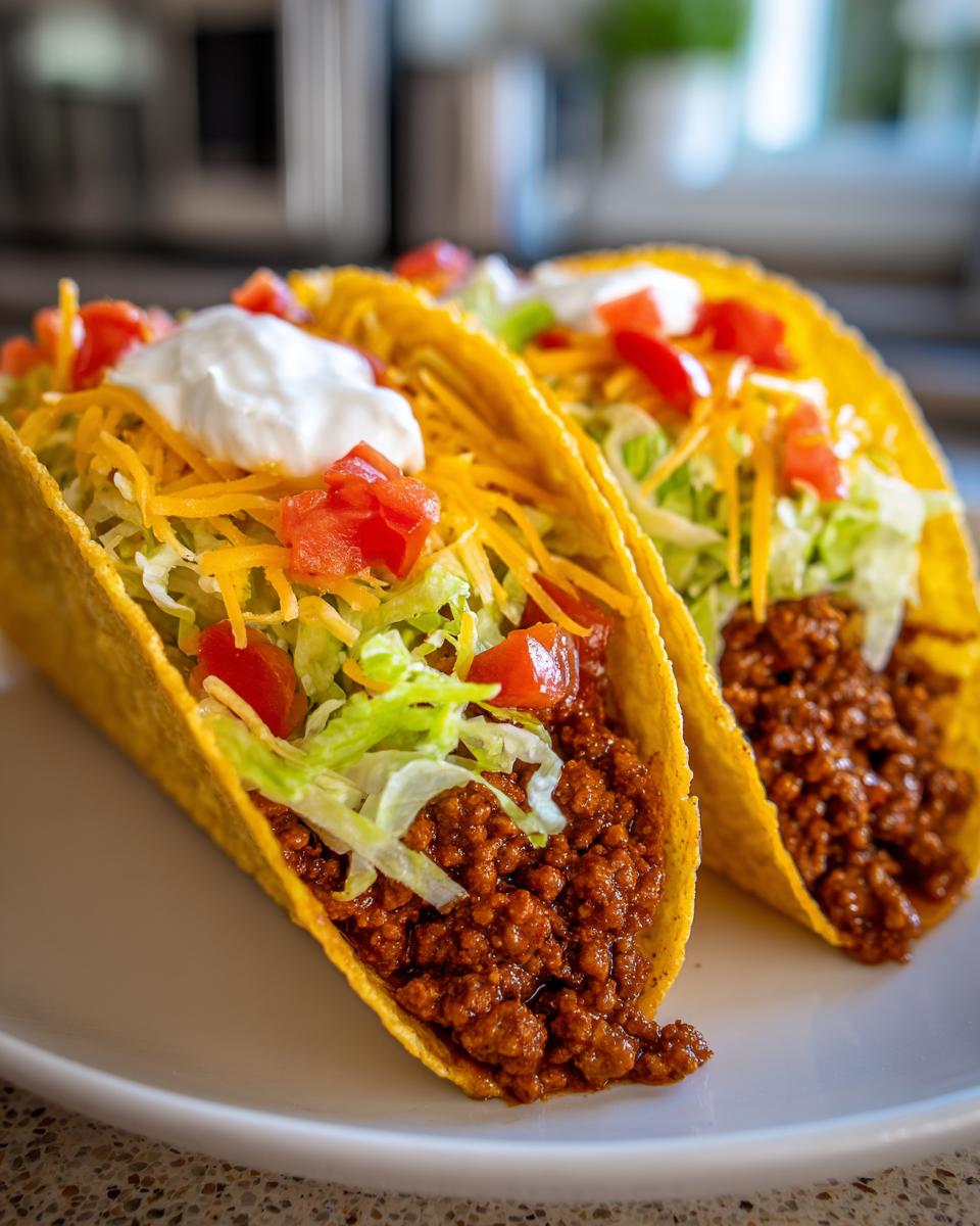 Two ground beef tacos filled with seasoned meat, lettuce, cheese, tomatoes, and sour cream.