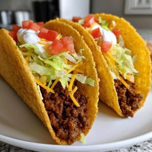 Two ground beef tacos filled with lettuce, cheese, tomatoes, and sour cream on a white plate.