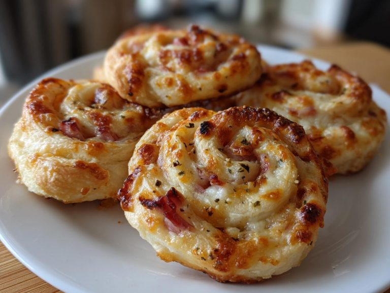 Close-up of several golden brown Ham and cheese pinwheels on a white plate, showcasing the flaky layers and melted cheese.