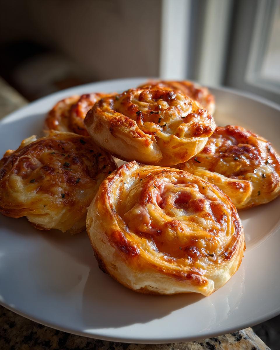 A plate of golden brown Ham and cheese pinwheels, baked to perfection and ready to serve.