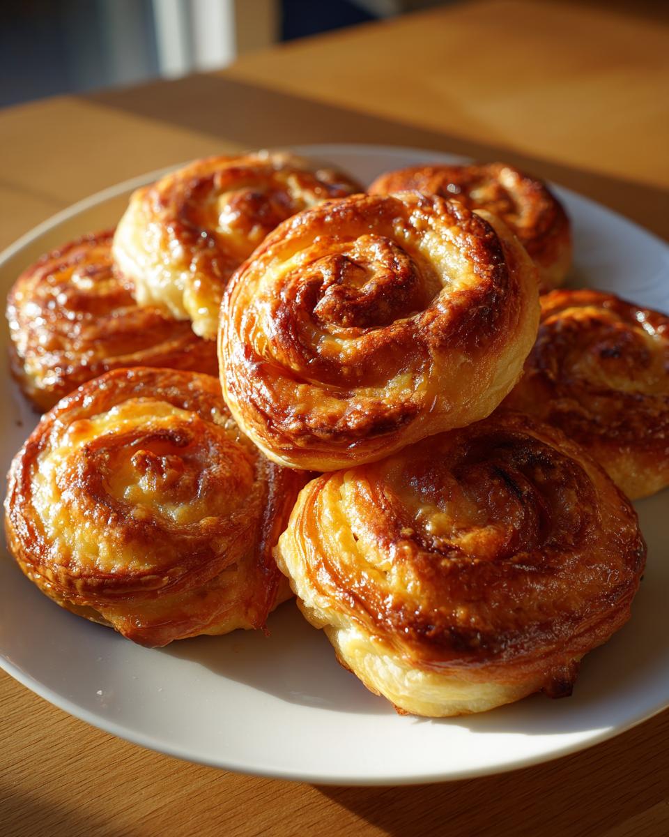 A plate of freshly baked, golden brown Ham and cheese pinwheels, perfect for a party.