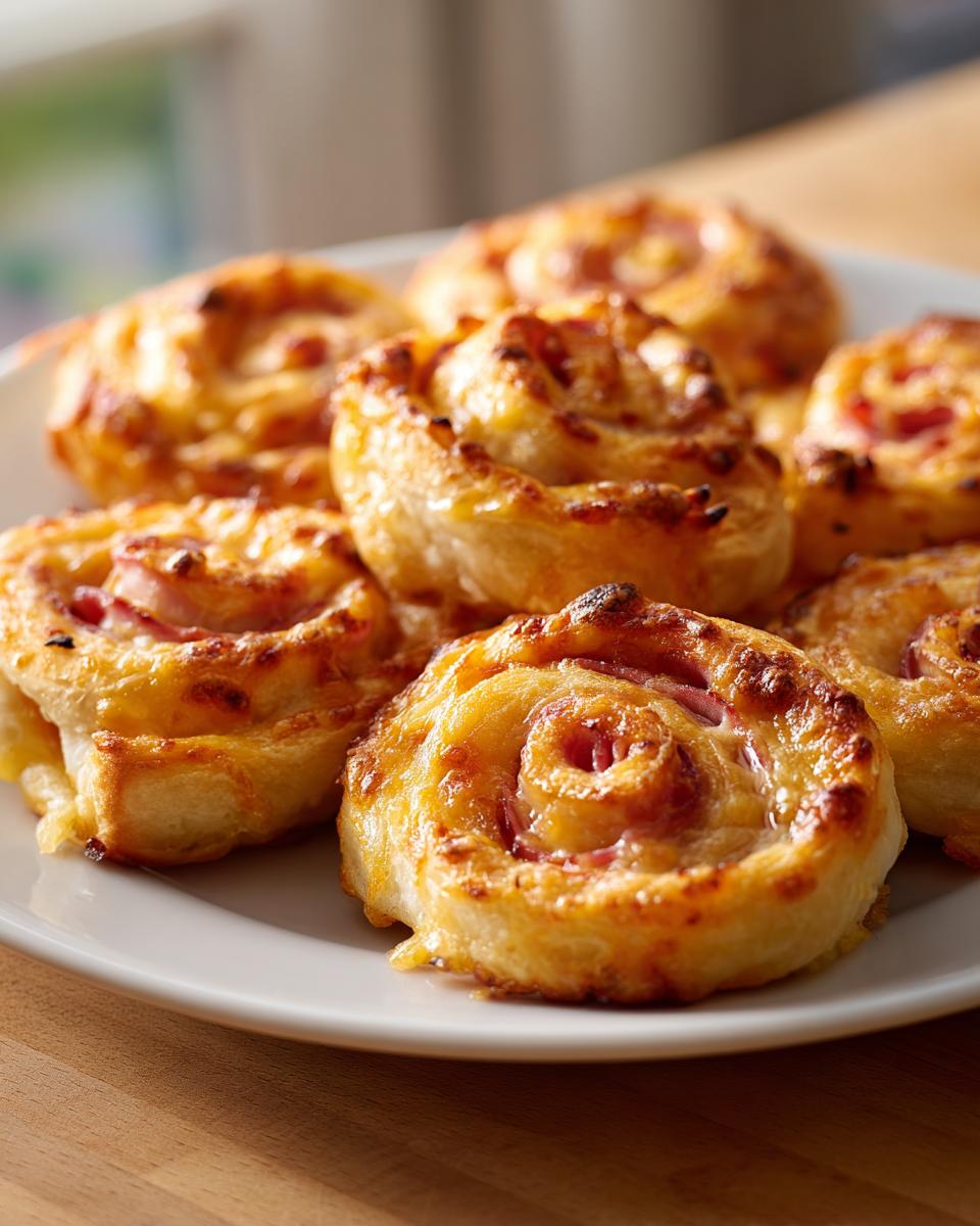 Close-up of several golden brown ham and cheese pinwheels on a white plate, ready to serve.