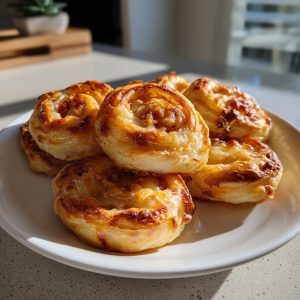 A plate of golden brown, baked ham and cheese pinwheels, perfect for a party appetizer.