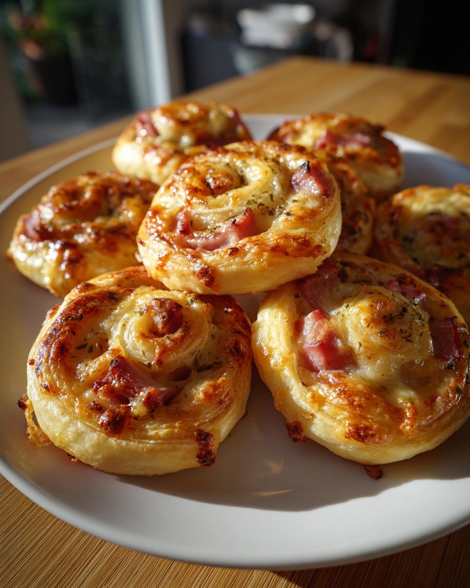 A plate of freshly baked ham and cheese pinwheels, golden brown and garnished with herbs.