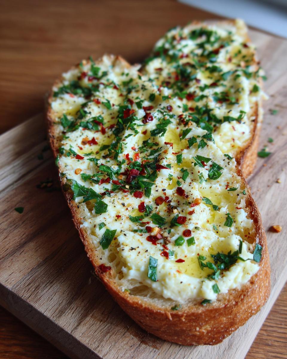 Close-up of a slice of bread topped with a butter board spread, herbs, chili flakes, and olive oil.