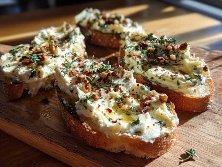 Crostini topped with herbed butter, nuts, and red pepper flakes, arranged on a wooden Butter Board.